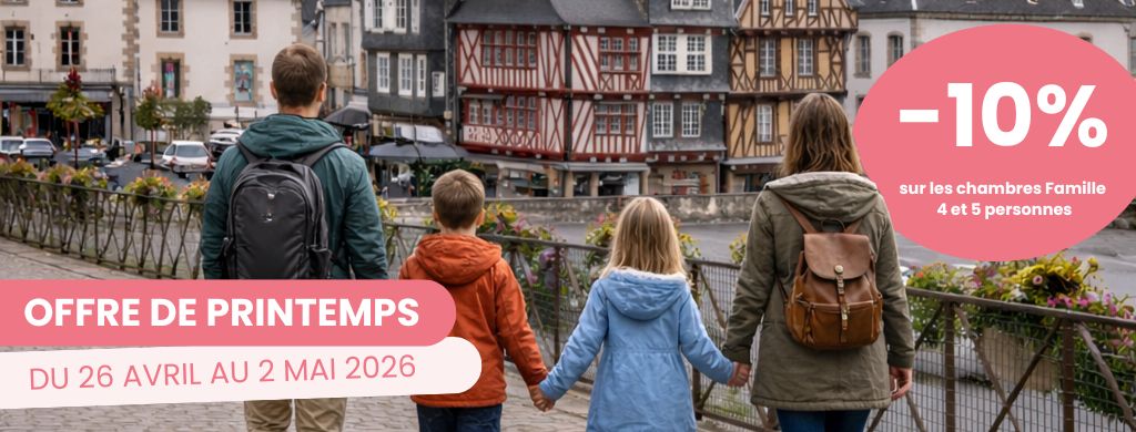 Famille se promenant à Morlaix devant le viaduc, offre -10% sur séjour famille en auberge de jeunesse en Bretagne du 26 avril au 2 mai 2026