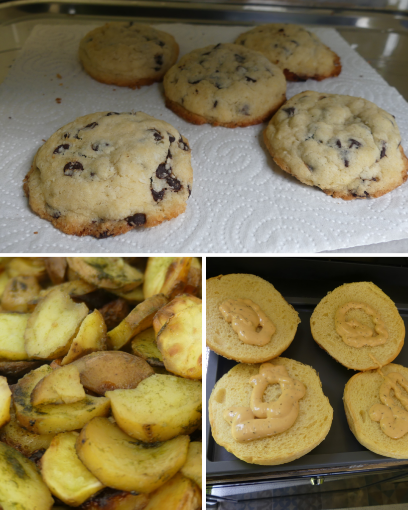 2 Cookies maison aux pépites de chocolat, pommes de terre rôties et pains burger en préparation dans le foodtruck