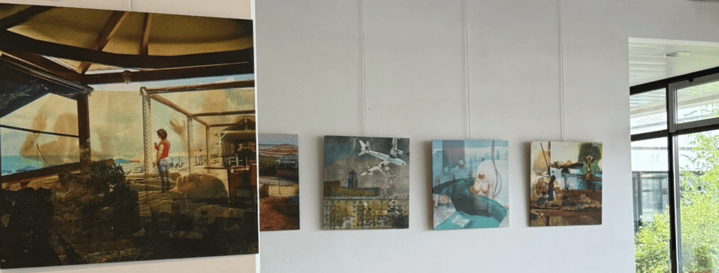 Exposition d’œuvres d’art dans les espaces communs de l’auberge de jeunesse Ostal Morlaix, mettant en avant des artistes locaux de la Baie de Morlaix dans un lieu lumineux et convivial.